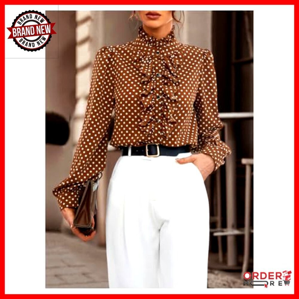 Polka Dot Satin Blouse Long Sleeve Button Up Shirt Business Casual - Picture 2 of 5